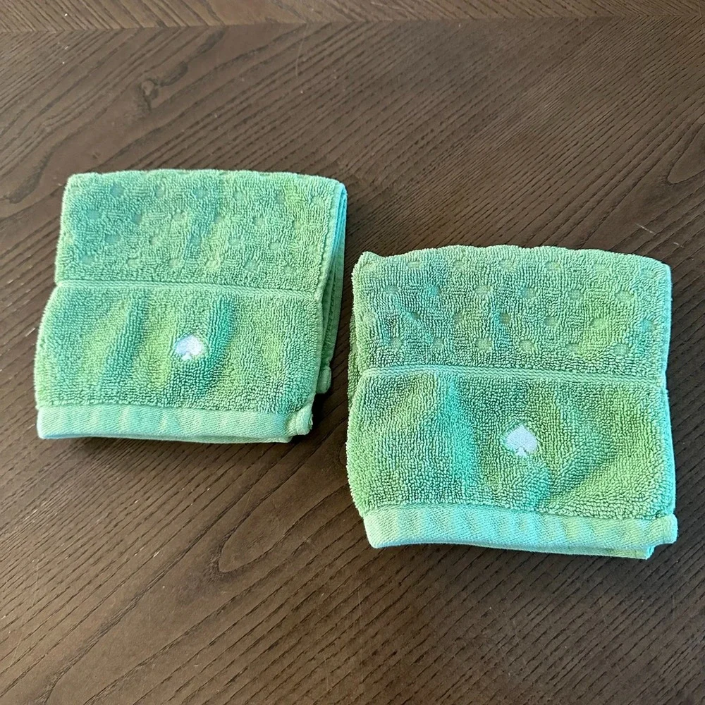 Kate‎ Spade 2 Pcs Bath Washcloths Green Dot Textured 12'' 100% Cotton Logo